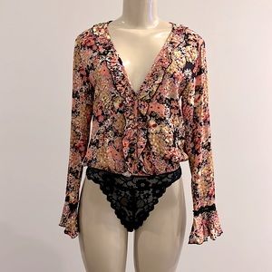 Free People Heat Wave Bodysuit Top Midnight Combo Black Extra Small XS